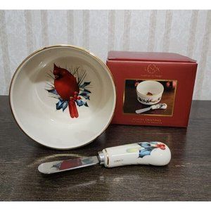 Lenox Winter Greetings Dip Bowl w/Spreader Christmas Cardinal